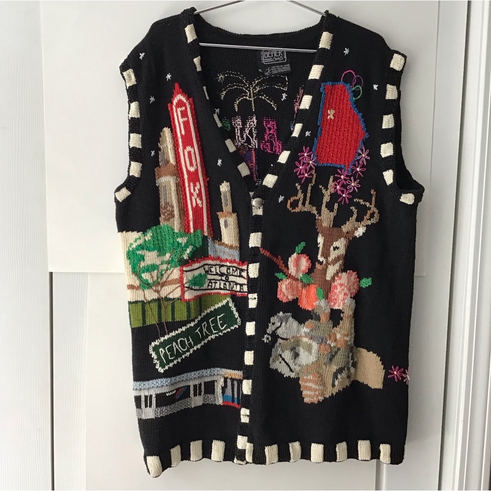 Vintage Beret Marta Ugly Christmas Atlanta Whimsical Long vest Sweater HTF XL